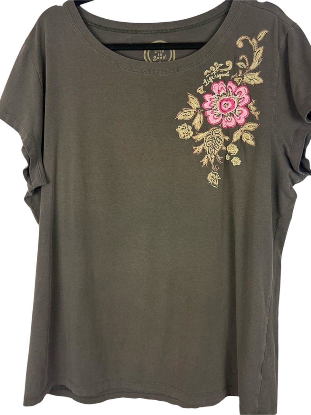 Life is Good Floral Embroidered Scoop Neck Short Sleeve Tee Shirt Brown XXL